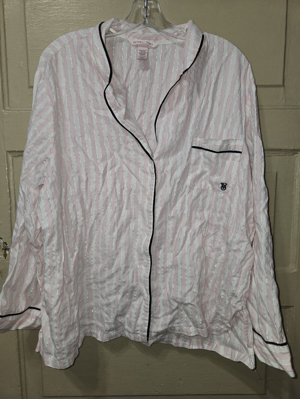 Victoria's Secret Pink White Metallic Striped Cotton Blend Button Sleep Shirt - Picture 2 of 6